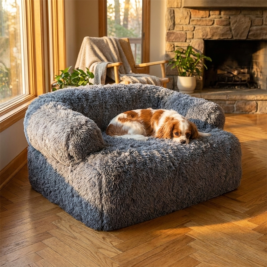 Angled view of the plush dog sofa bed with a small dog resting