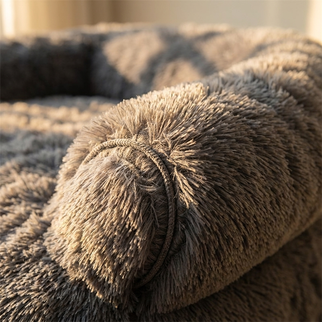 Close up of the bolster stitching and plush fabric of the dog sofa bed
