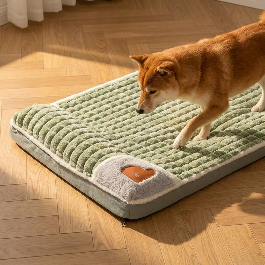 Dog stepping onto the memory foam bed on a herringbone oak floor
