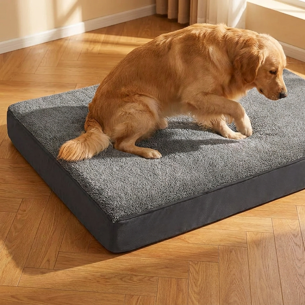Angled view of the jumbo dog mattress with a large dog settling down