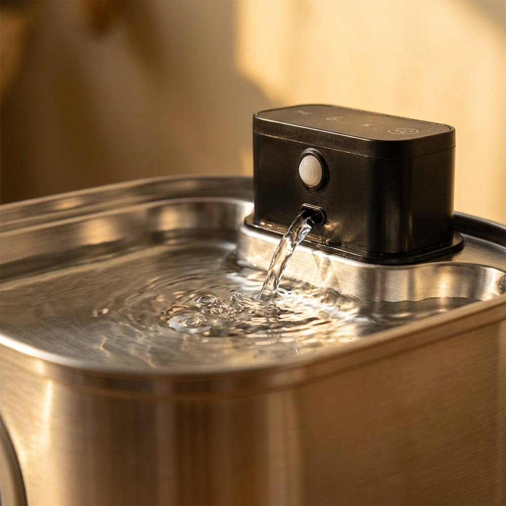 Close up of flowing water on the brushed stainless drinking surface