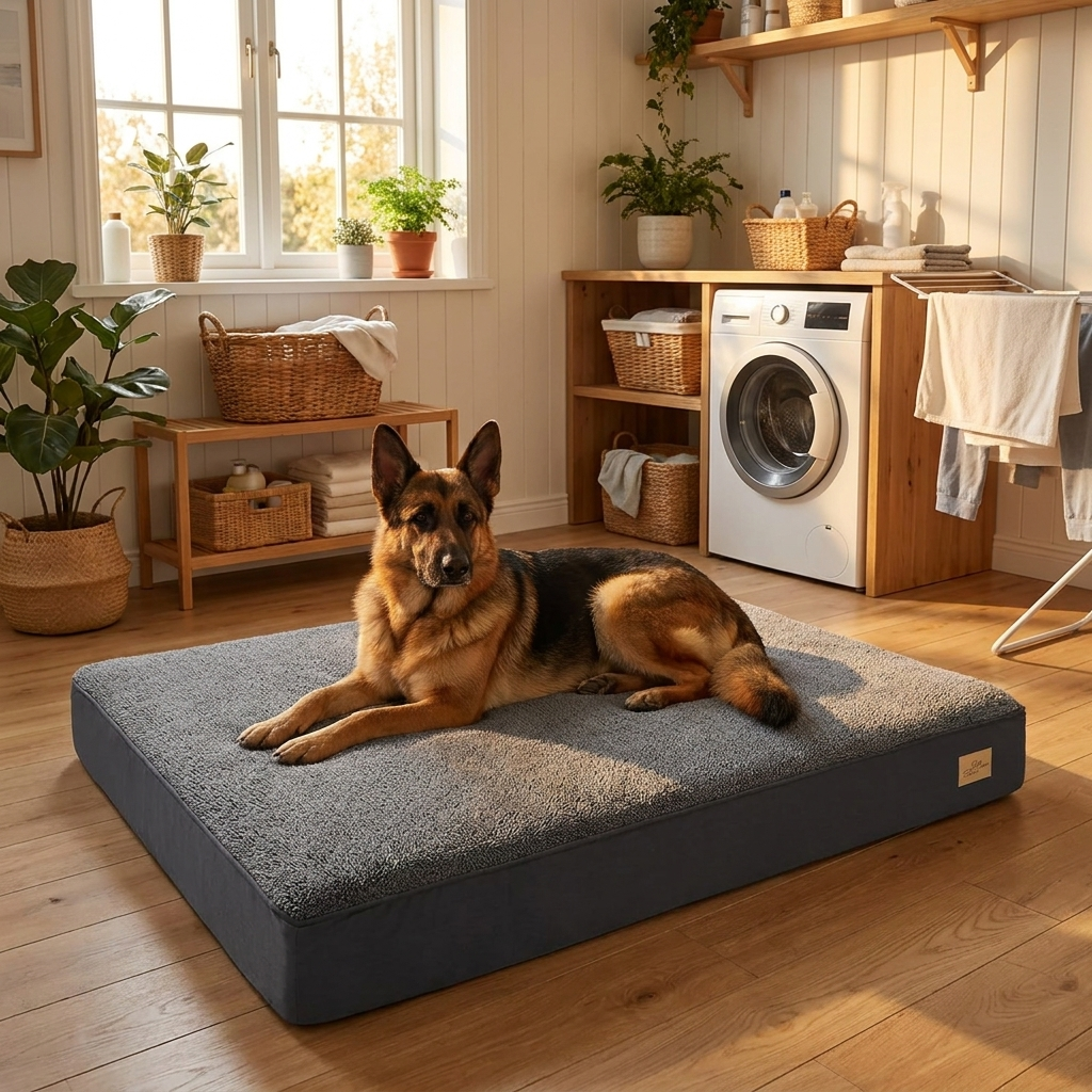German shepherd lying on the jumbo orthopedic mattress