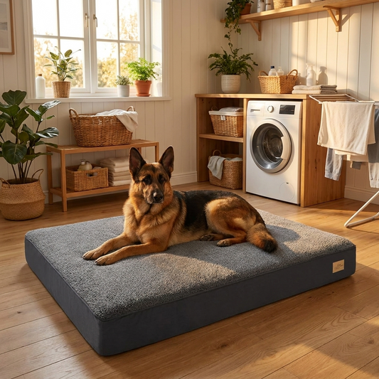 German shepherd lying on the jumbo orthopedic mattress