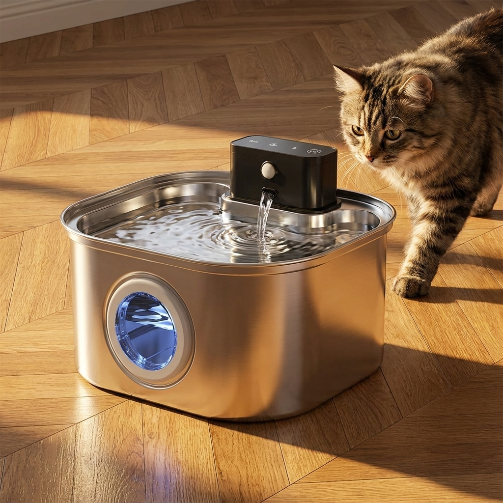 Angled view of the stainless cat fountain with a cat walking toward it