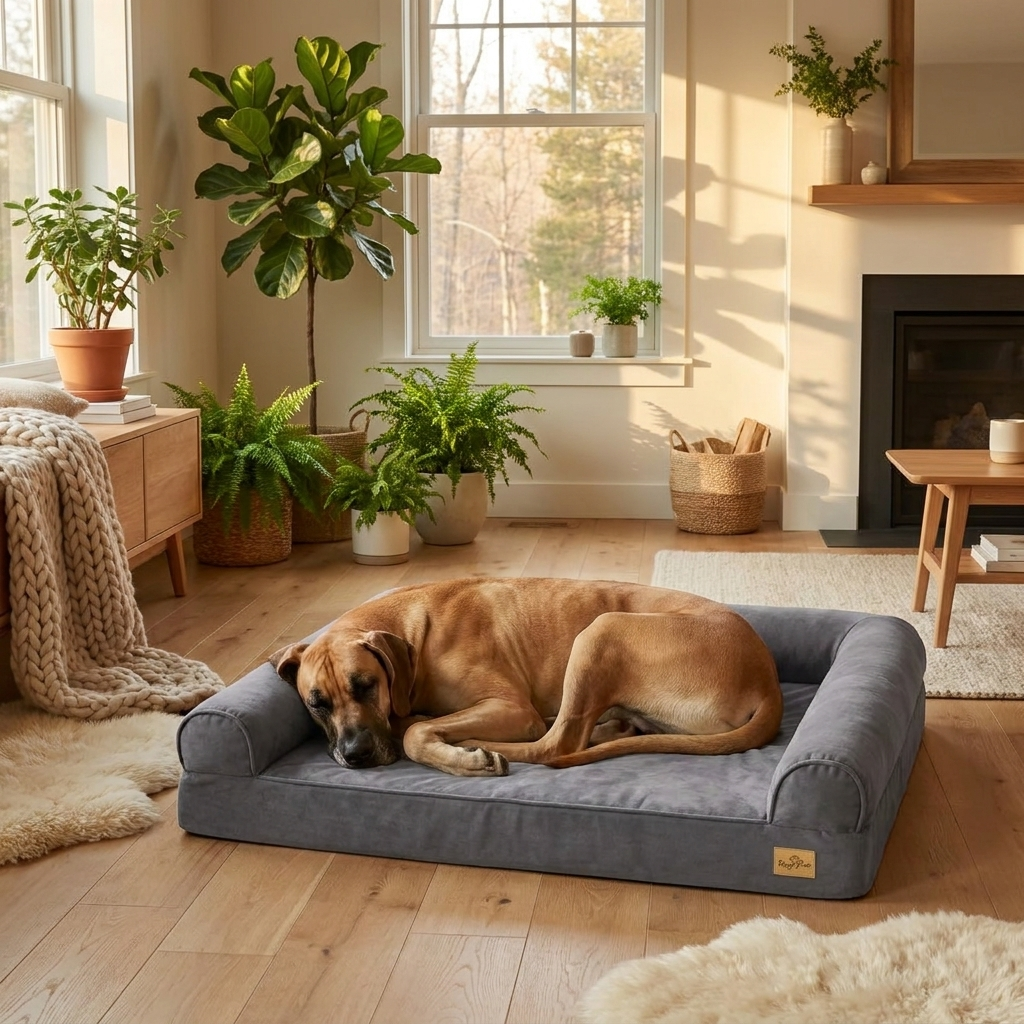 Large dog asleep on the extra large orthopedic dog bed