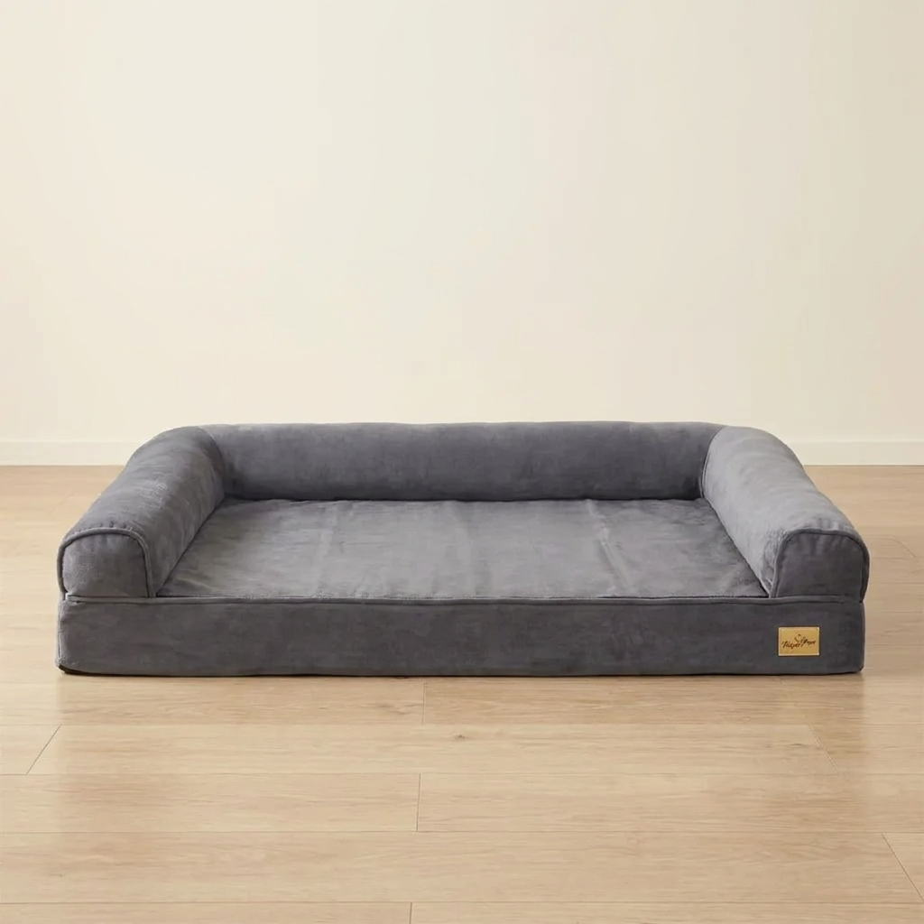 Extra large grey orthopedic dog sofa bed on an oak floor