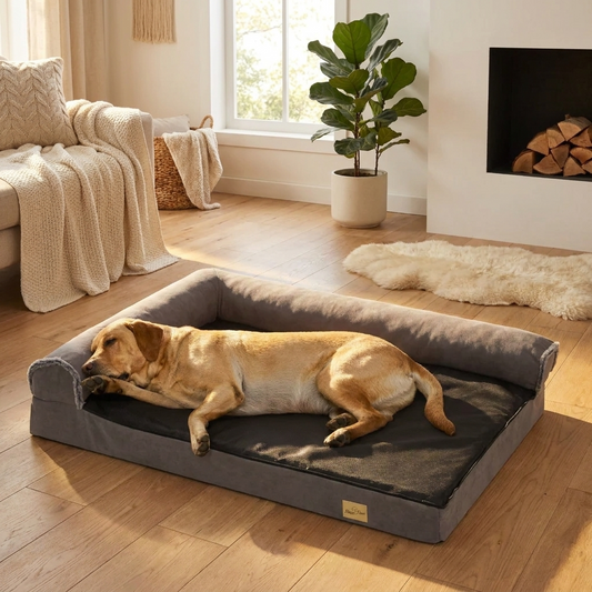 Large dog asleep against the L-shaped bolster of the dog sofa
