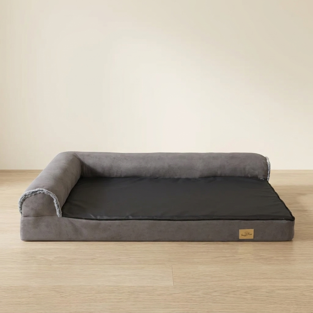 L-shape bolster memory foam dog sofa bed on an oak floor