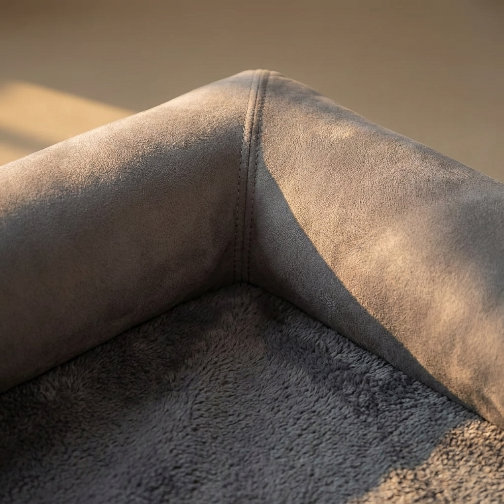 Close up of the bolster corner and plush cover seam