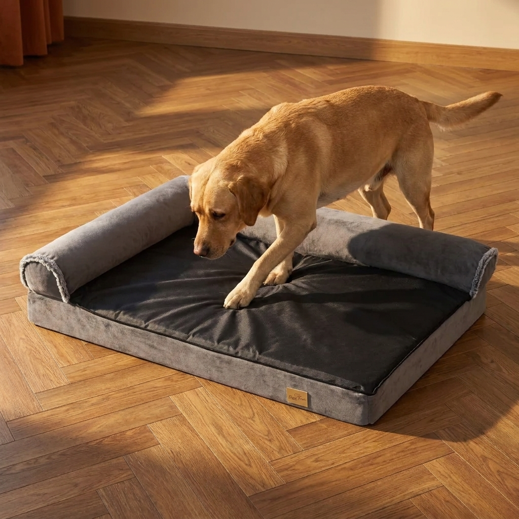 Angled view of the L-shape dog bed with a big dog stepping on