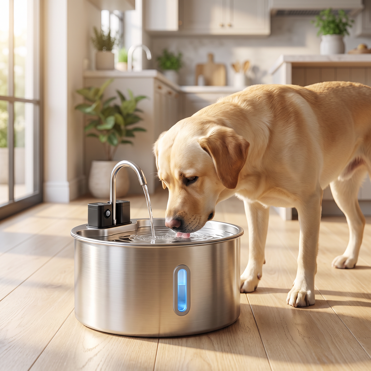 Labrador drinking from the 7L pet water fountain on the kitchen floor