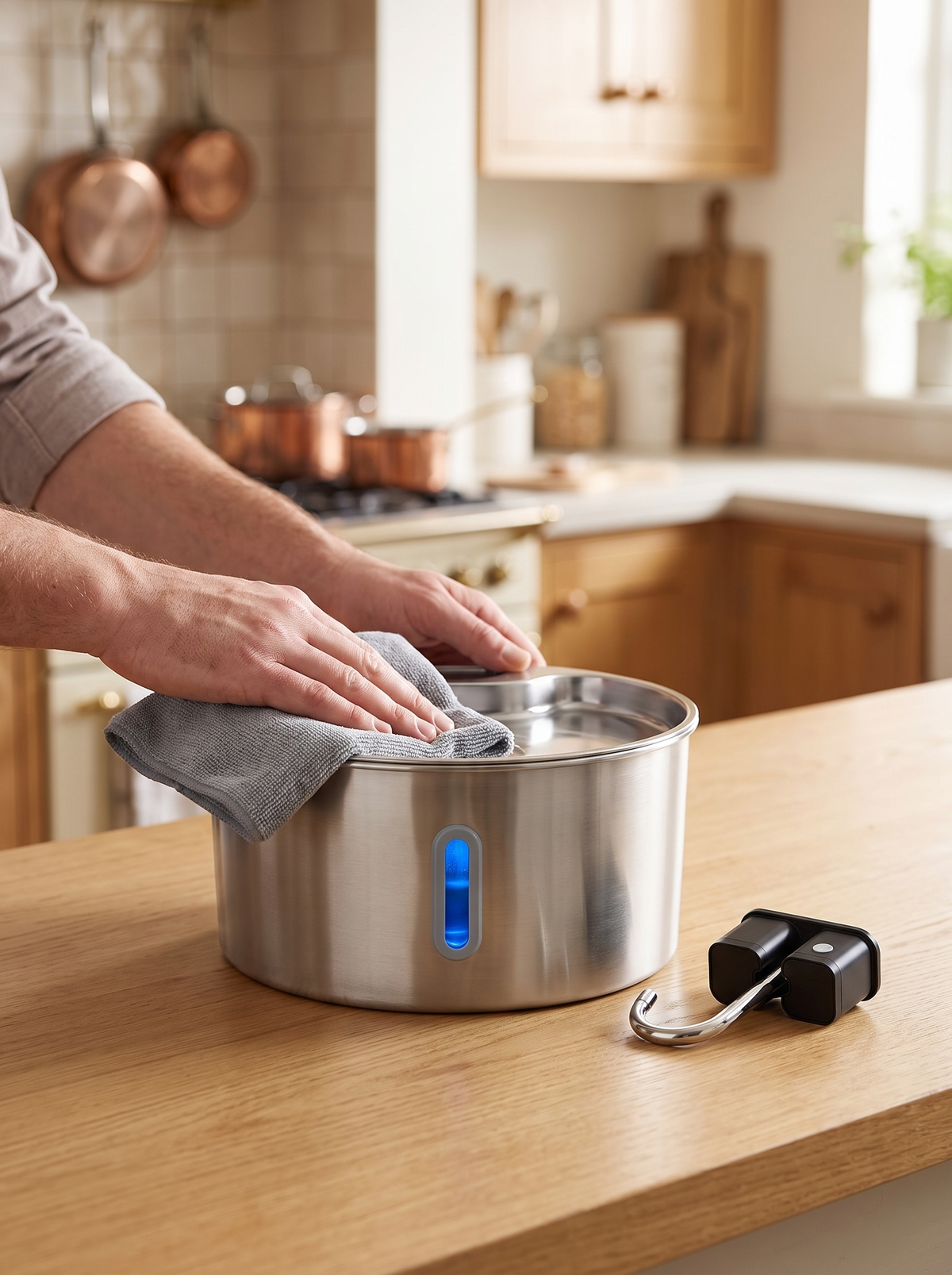 Hands wiping the stainless steel rim of the 7L pet fountain clean