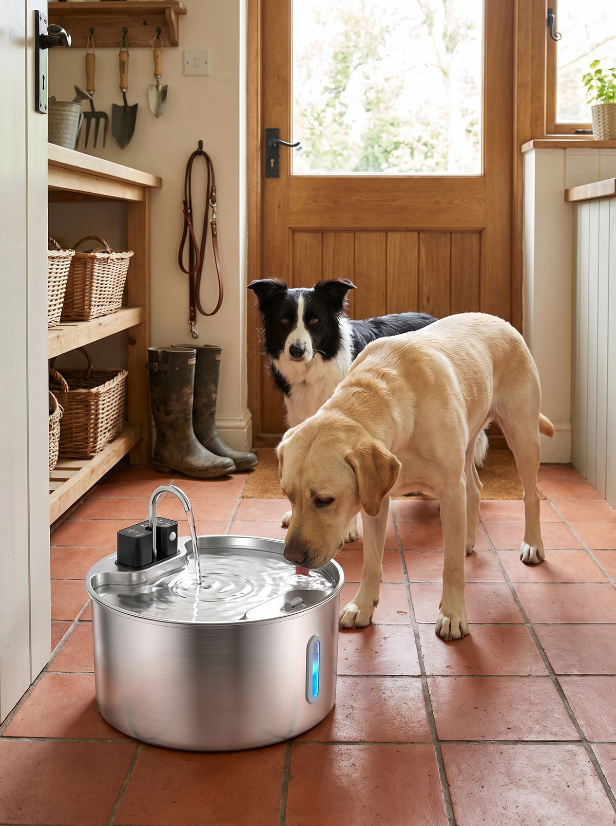Labrador drinking from the 7L pet fountain on a utility room floor