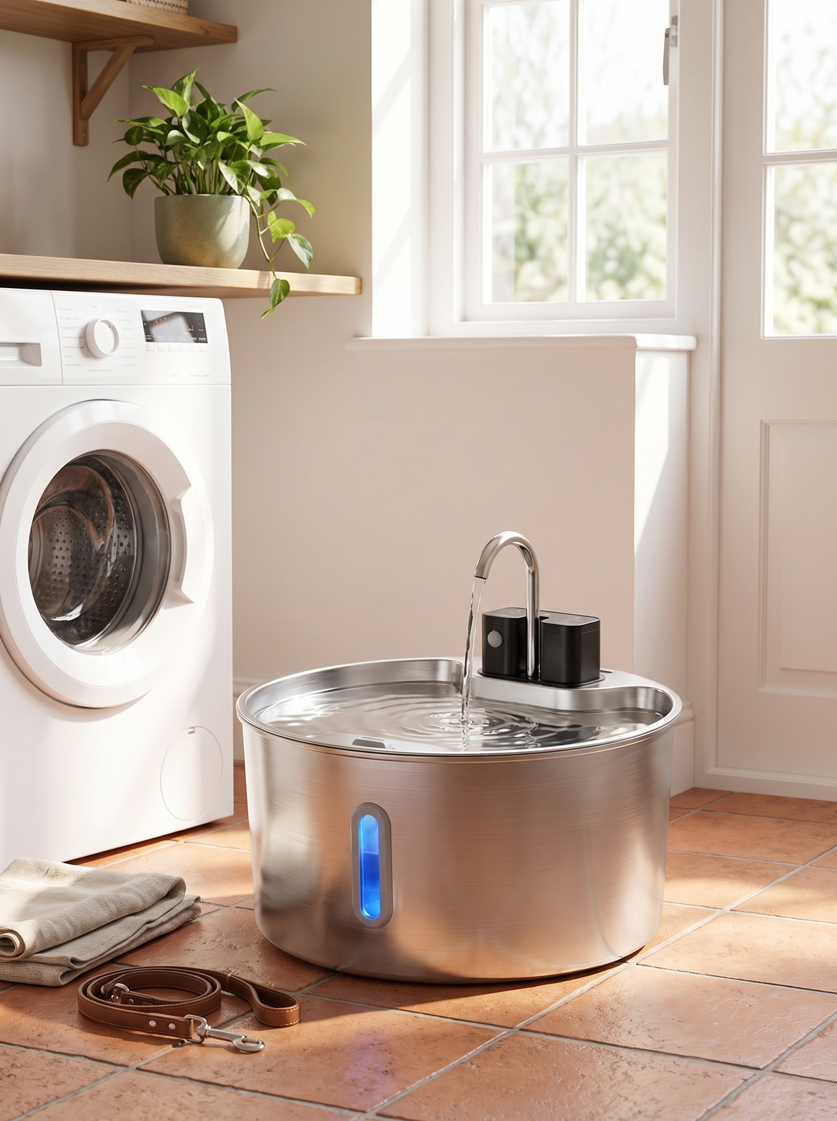 7L cordless pet fountain on a utility room floor beside a washing machine