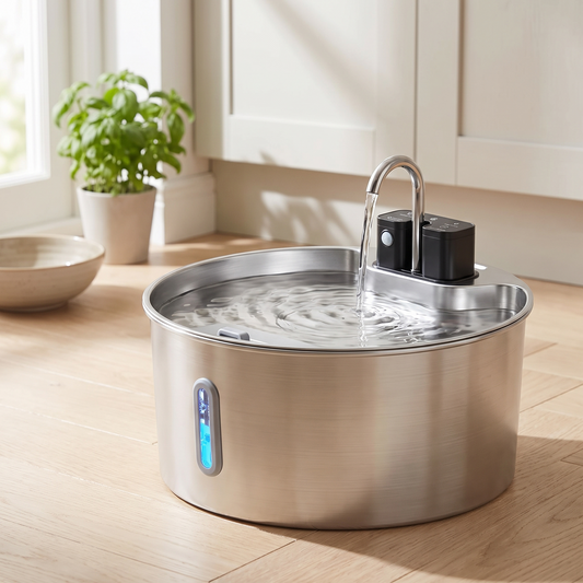 7L stainless steel cordless dog water fountain on a pale oak kitchen floor