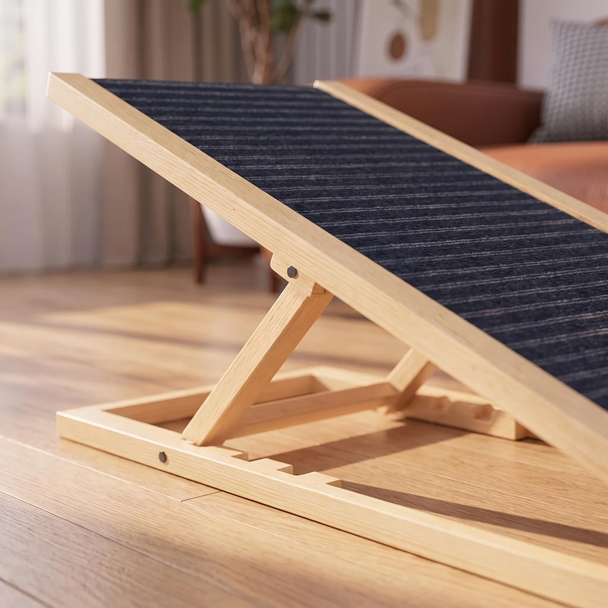 Close-up of the folding pine support strut and base frame of the adjustable dog ramp