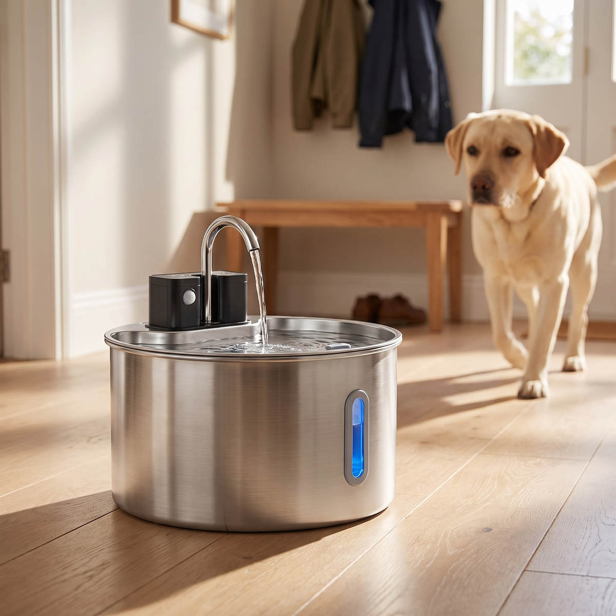 Angled view of the 7L stainless steel pet fountain on an oak floor with a labrador approaching