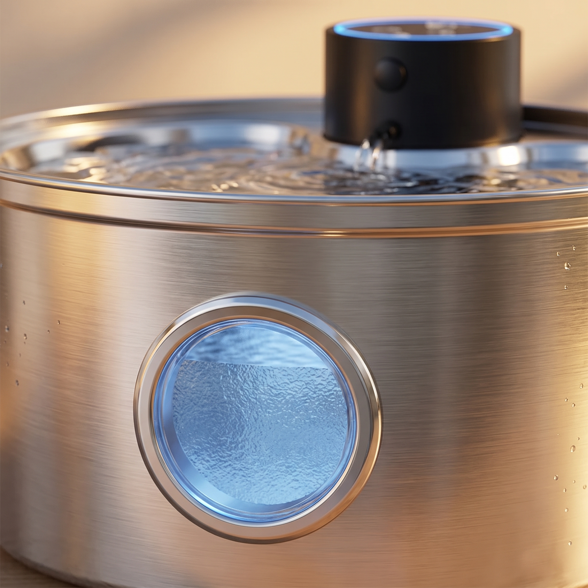 Close-up of the round blue water level window on the brushed steel cat fountain
