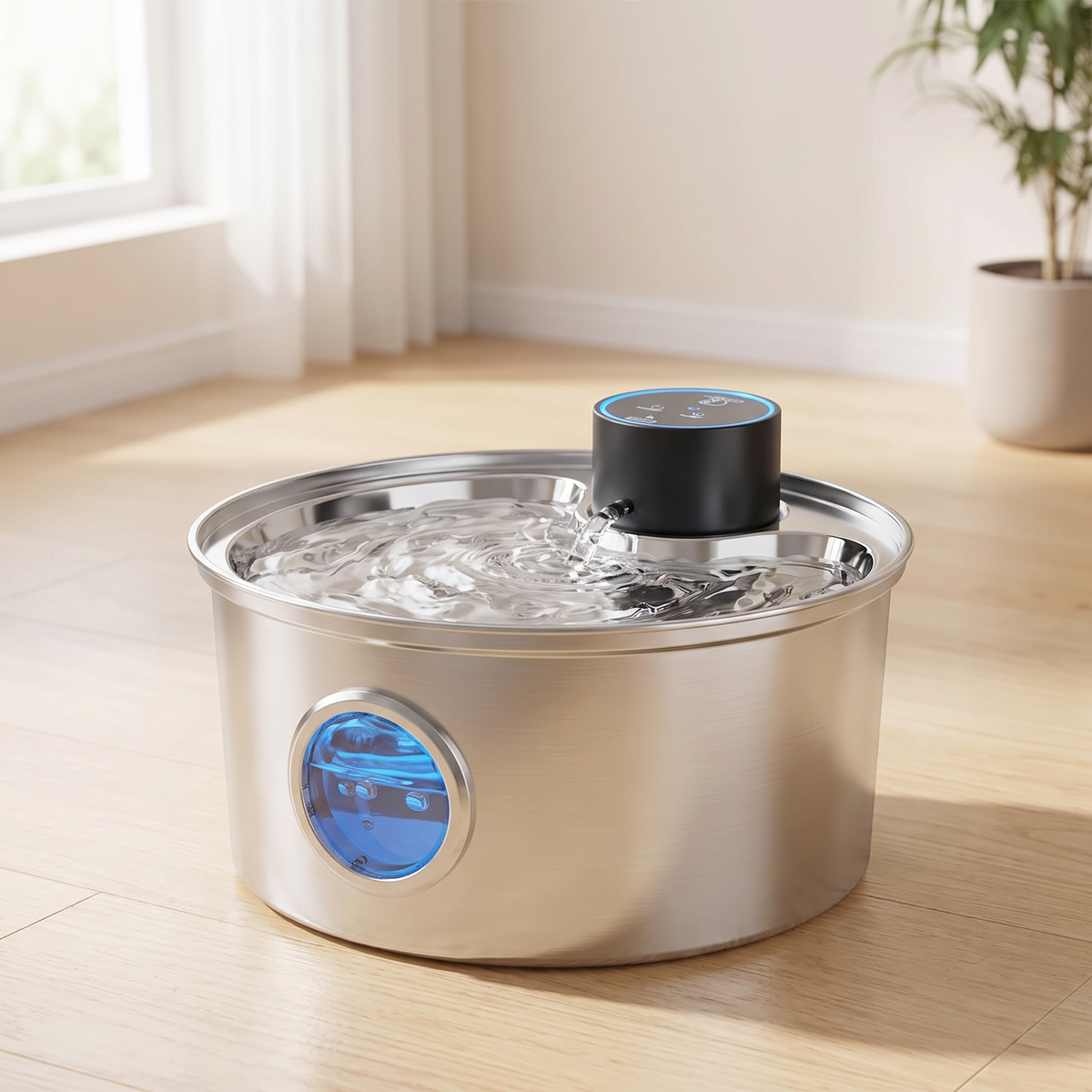 Cordless stainless steel cat water fountain on a pale oak floor in a British living room