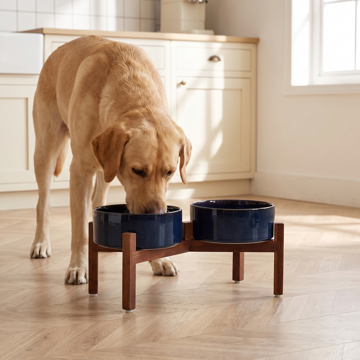 Labrador eating from the raised ceramic dog bowls on the walnut feeding stand