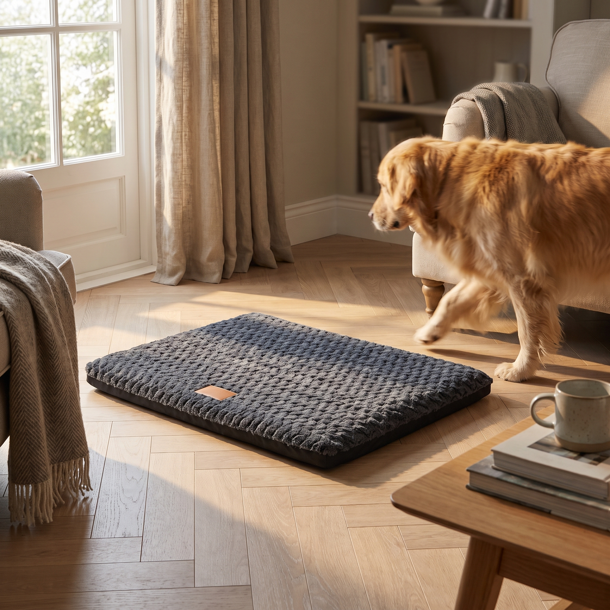 Angled view of the dark grey crate mattress with a dog approaching