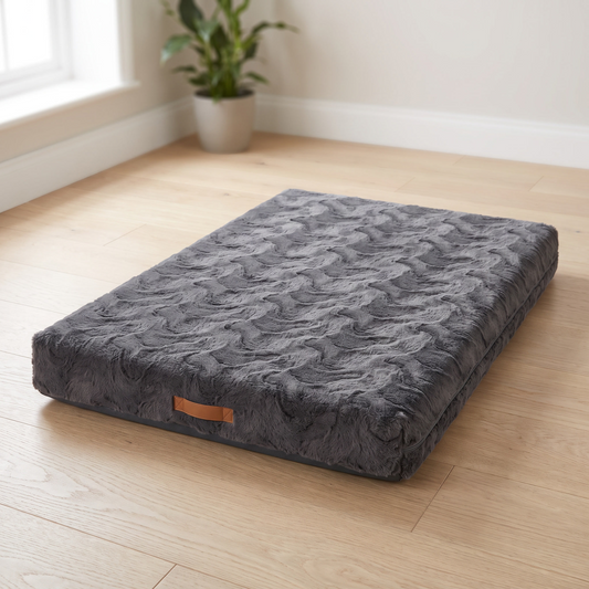 Flat dark grey orthopedic foam crate mattress with faux fur top