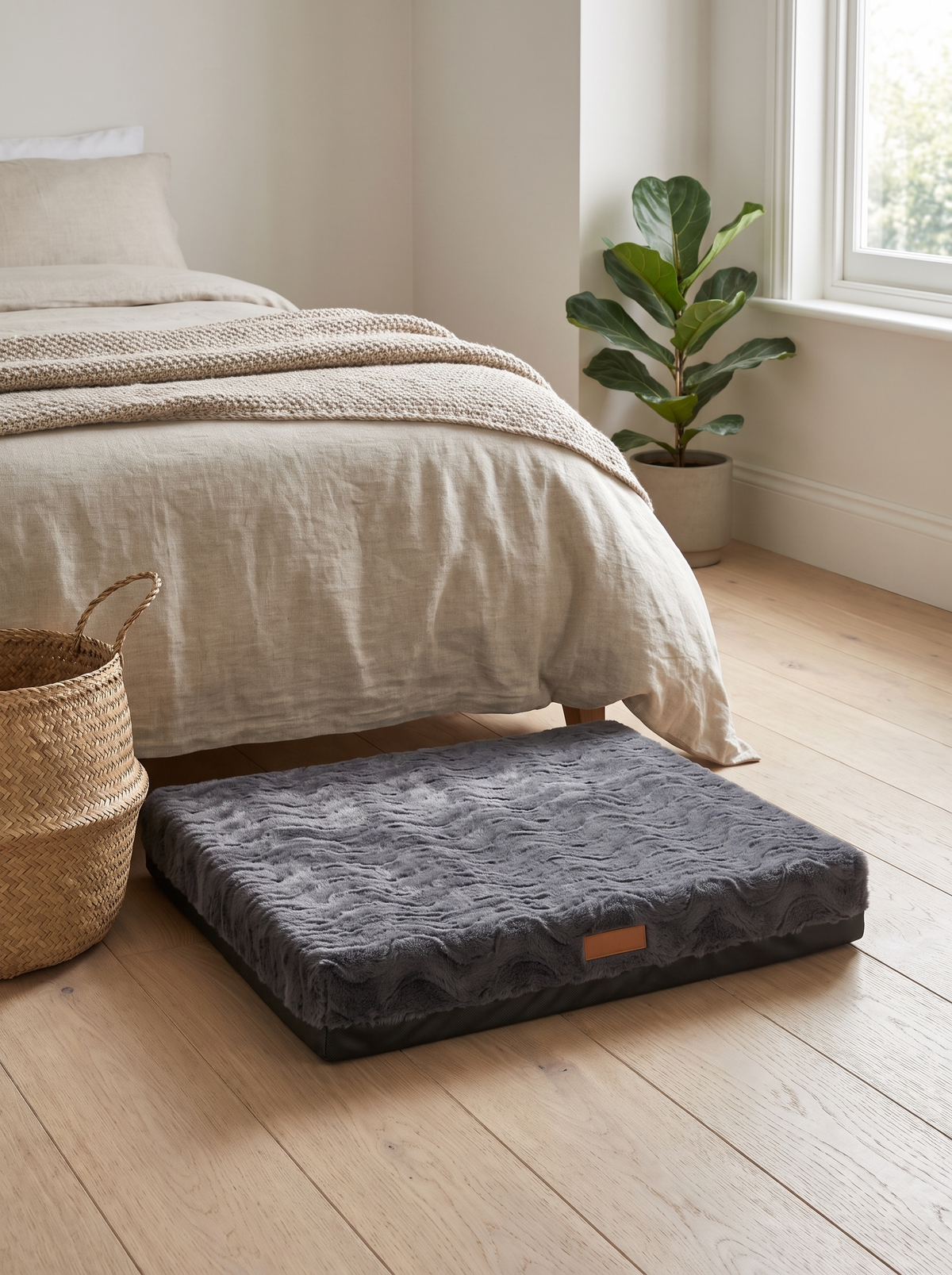 Dark grey foam crate mattress on the floor of a calm British bedroom