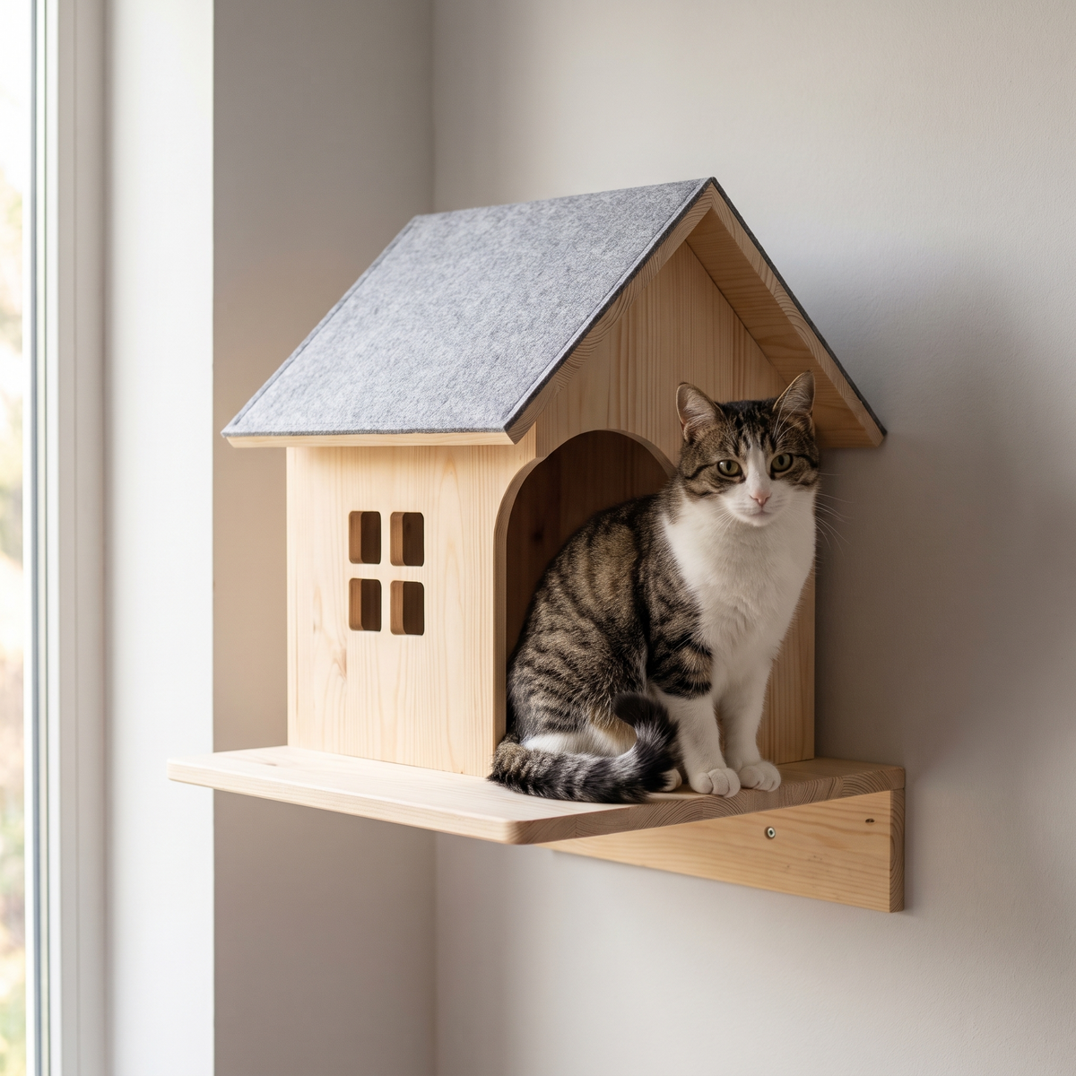 Gabled Cat Wall House - cat using it