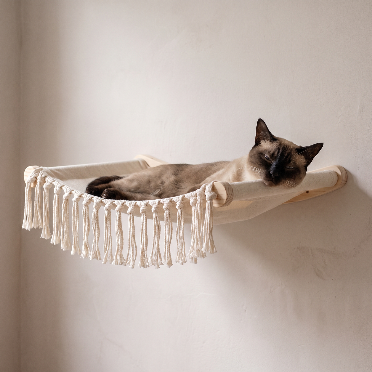 Boho Macrame Cat Wall Hammock - cat using it
