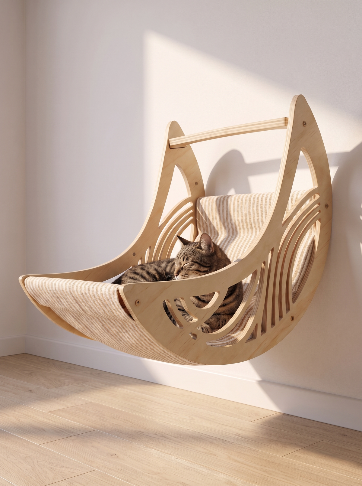 K31A Cat asleep in the canvas sling of the wall mounted crescent moon cat lounger