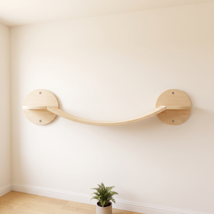 N1 Pale pine cat wall wave bridge mounted in a bright cream room
