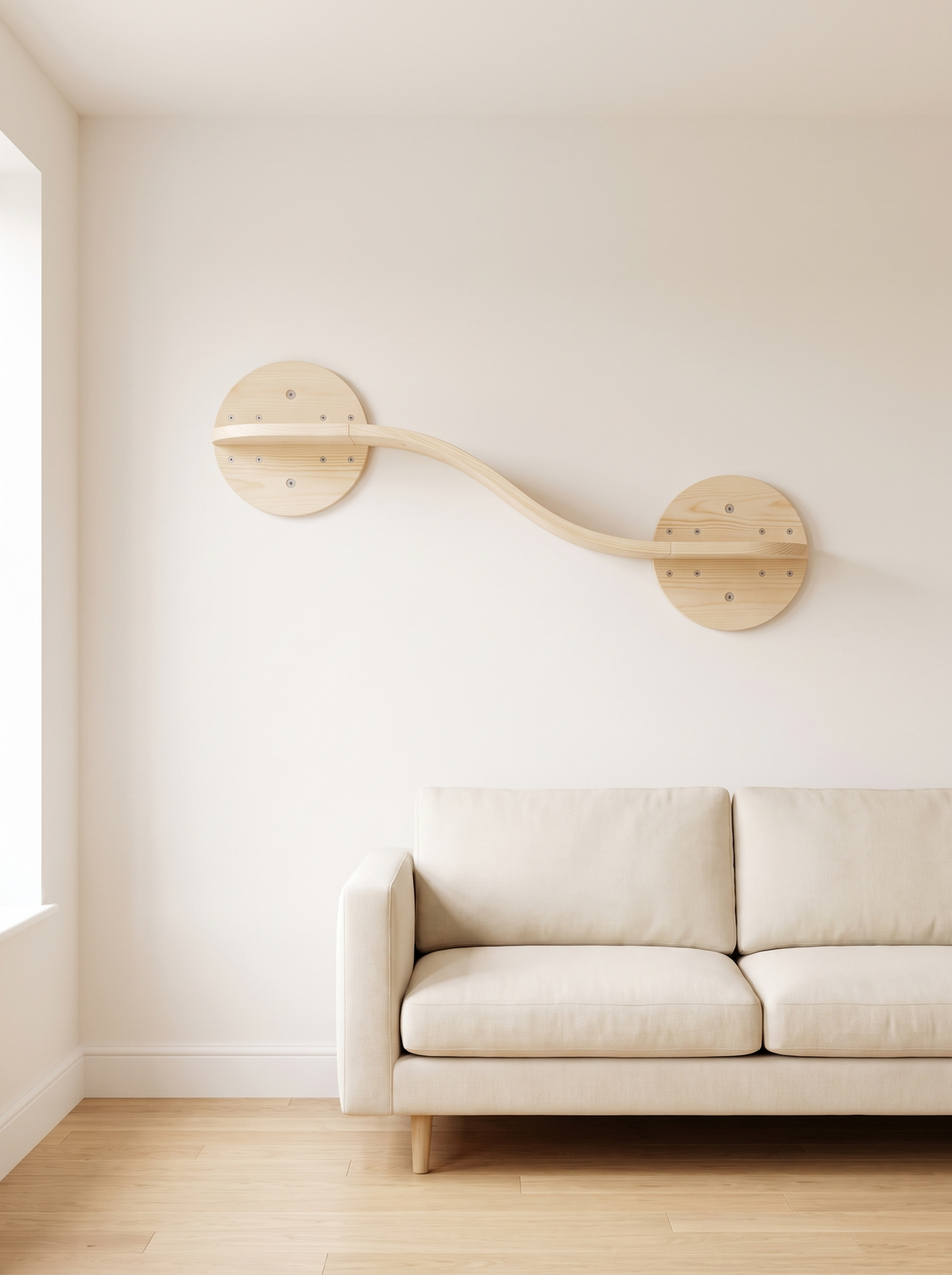 K38B Cat wall wave bridge mounted above a cream sofa