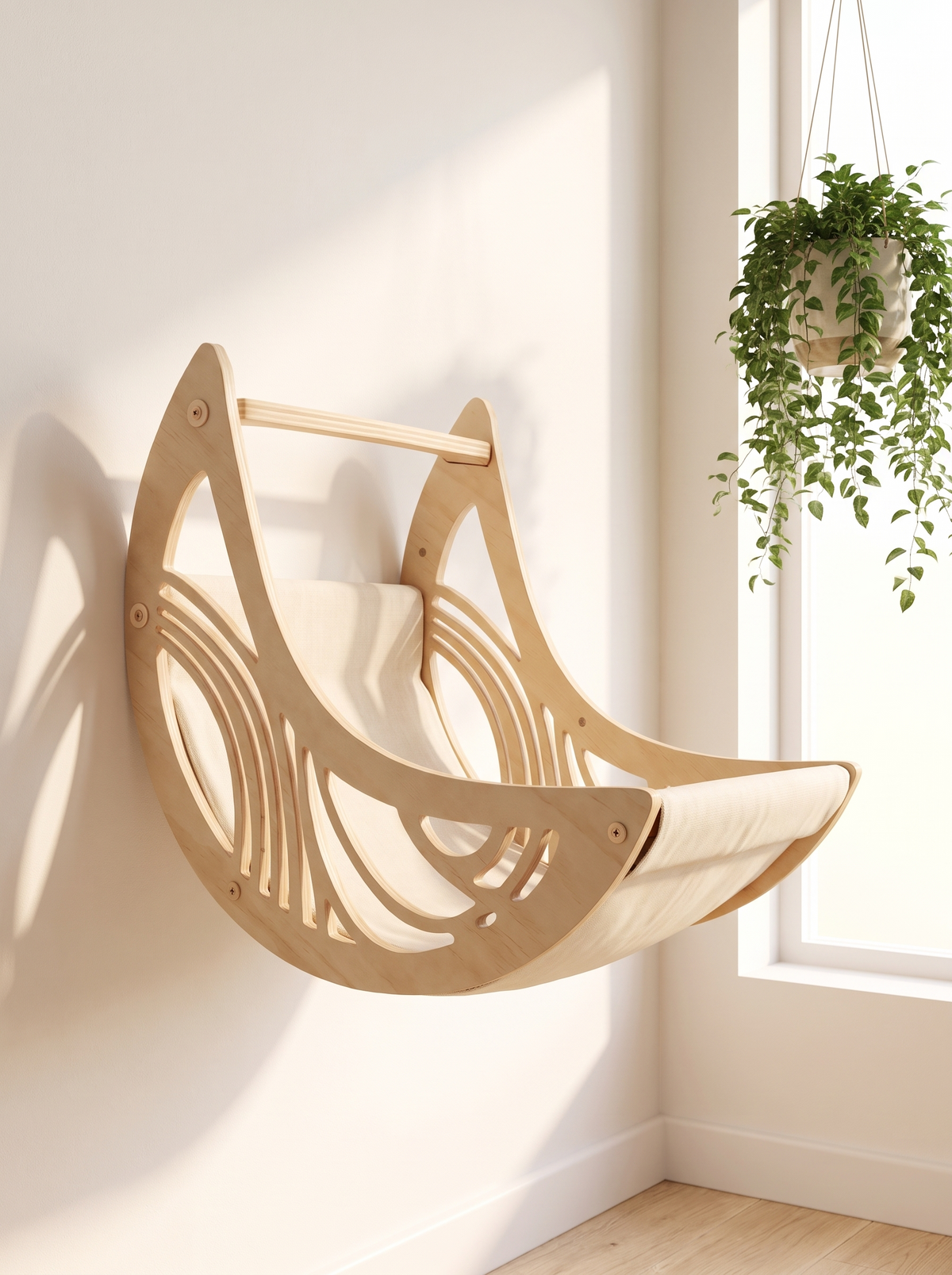 K31B Crescent moon cat wall lounger mounted beside a window in a cream interior