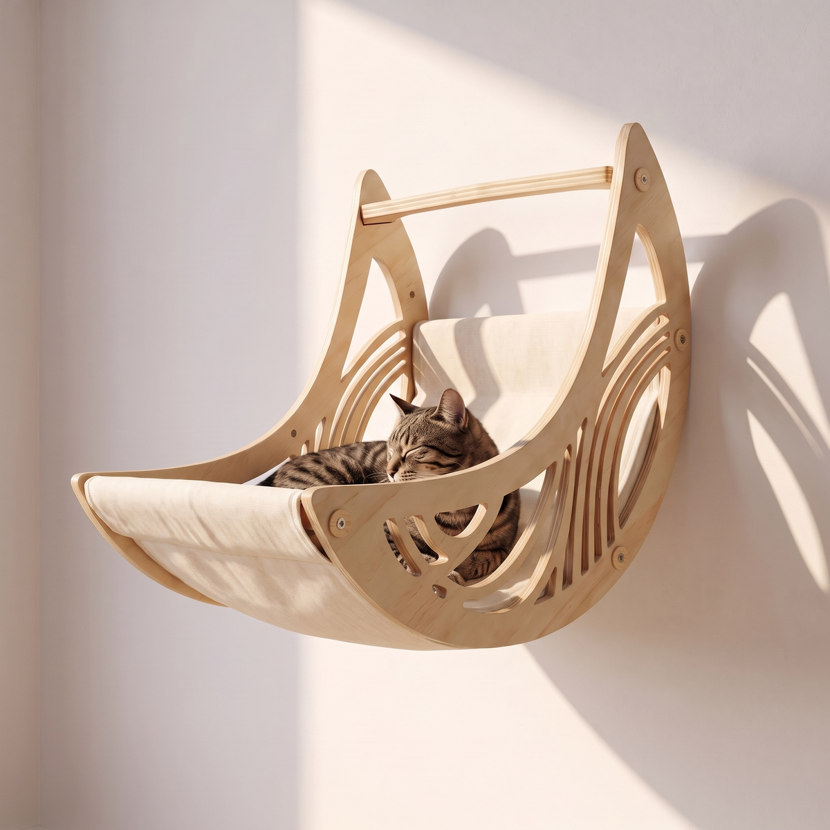 N2 Tabby cat asleep in the canvas sling of the crescent moon cat wall lounger
