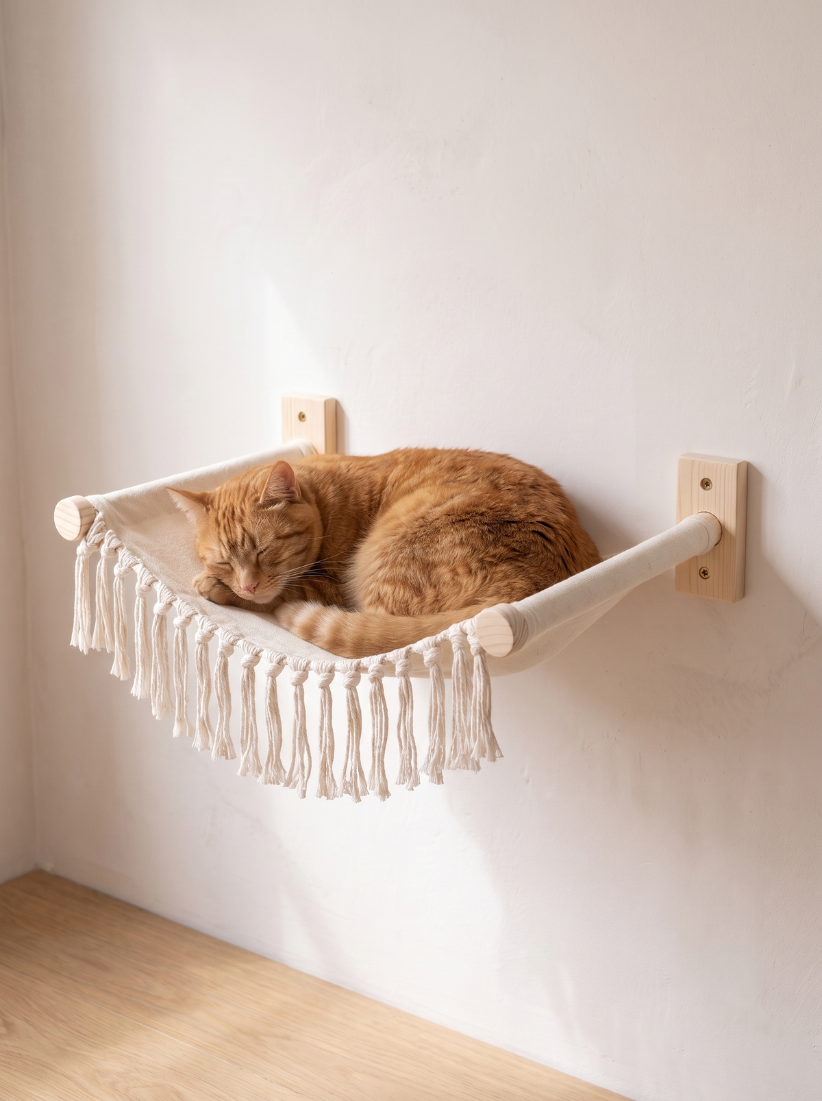 K34A Ginger cat curled asleep in the boho macrame cat wall hammock