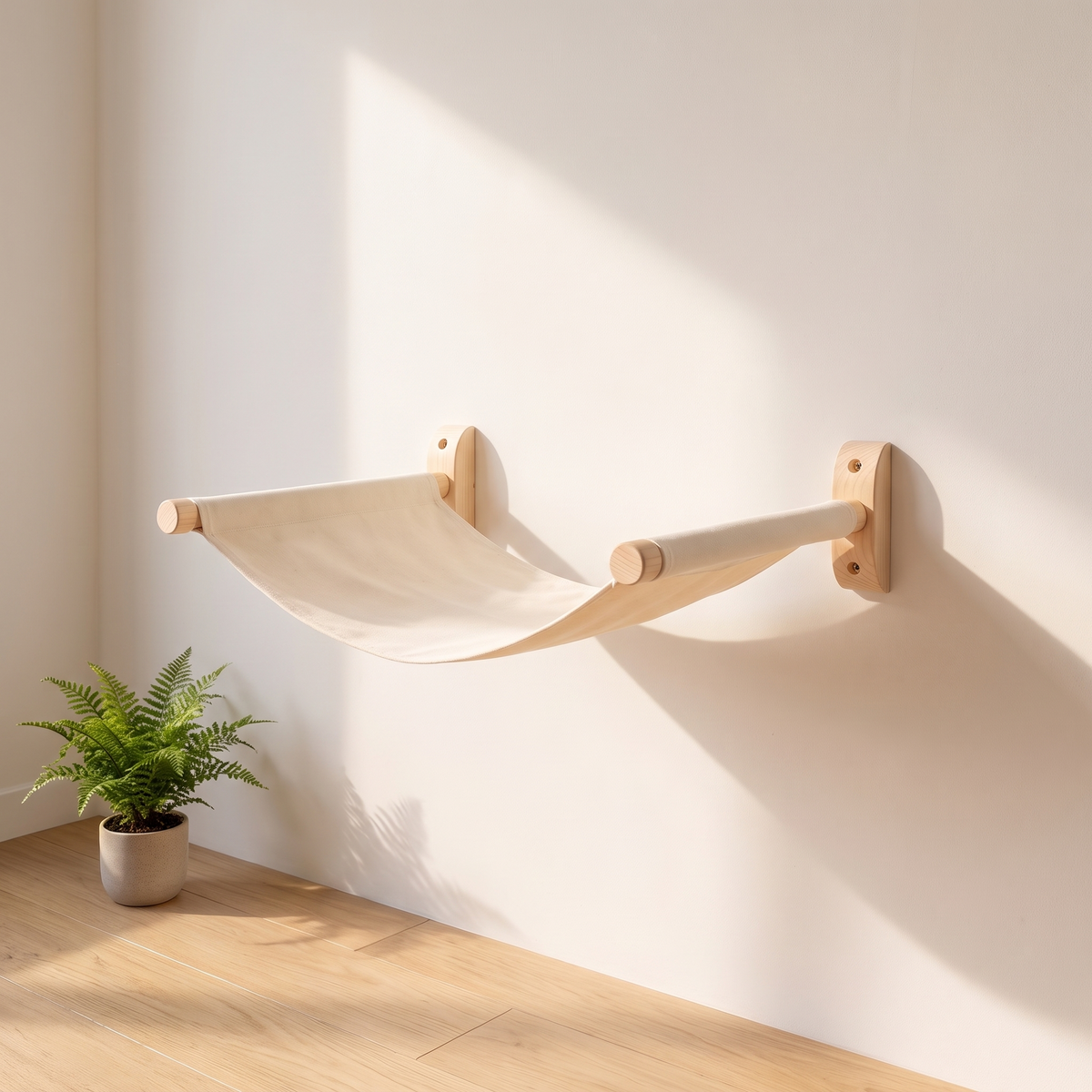 N1 53cm canvas cat wall hammock on pine brackets in a bright cream room
