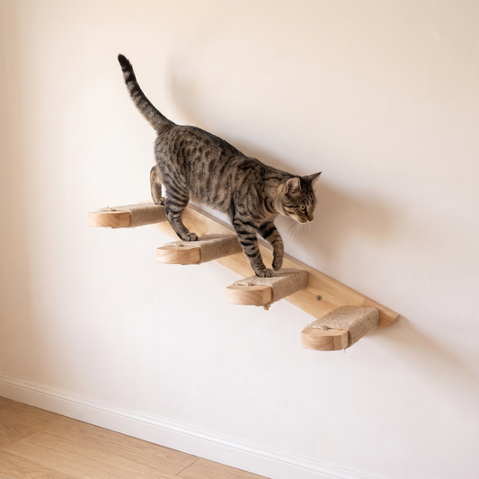 N2 Tabby cat stepping down the sisal cat wall bridge steps