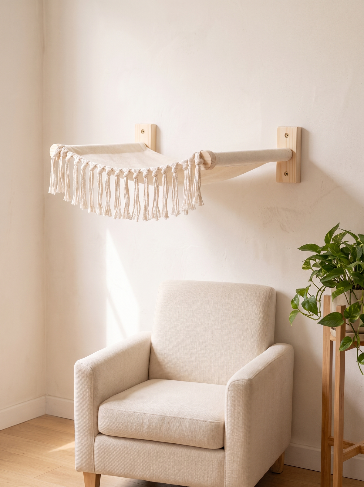 K34B Boho macrame cat wall hammock mounted above a cream armchair