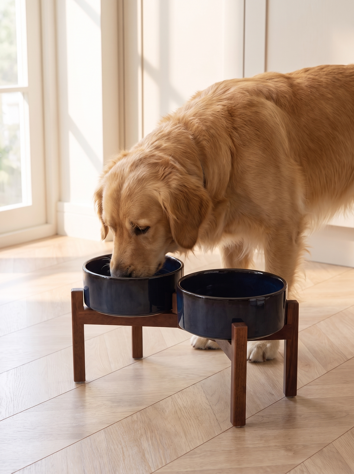 K06A Golden retriever eating from the elevated navy ceramic double bowl feeder