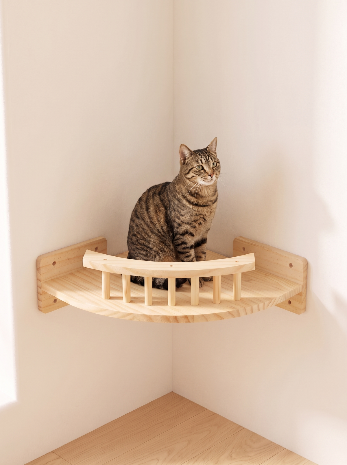 K48A Tabby cat sitting on the quarter circle pine corner perch fitted into a room corner
