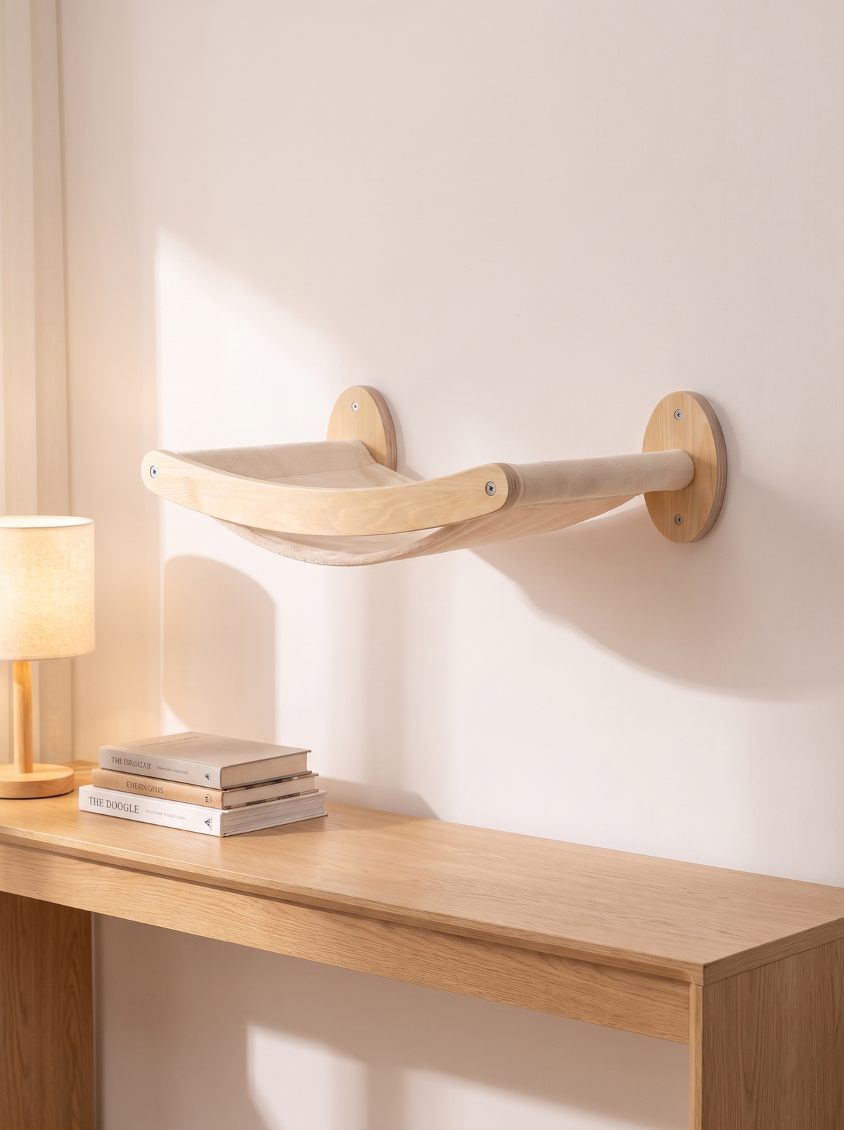 K42B Curved 48cm cat wall lounger mounted above an oak console table