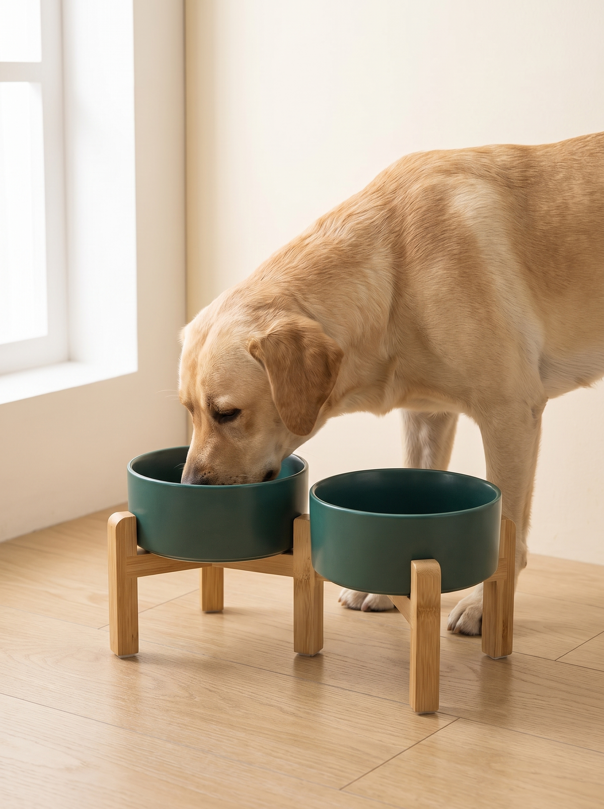 K02A Labrador eating from the raised double teal ceramic dog bowl station