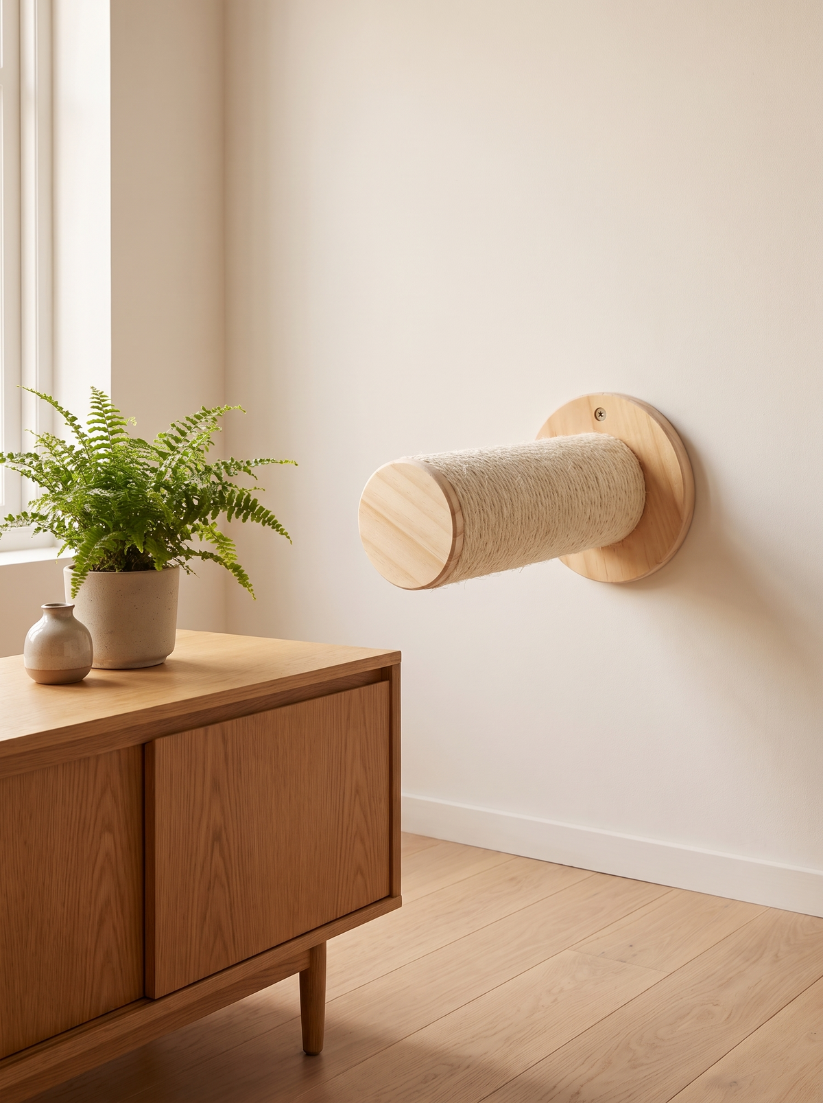 K51B Single sisal cat wall step mounted above a warm oak sideboard
