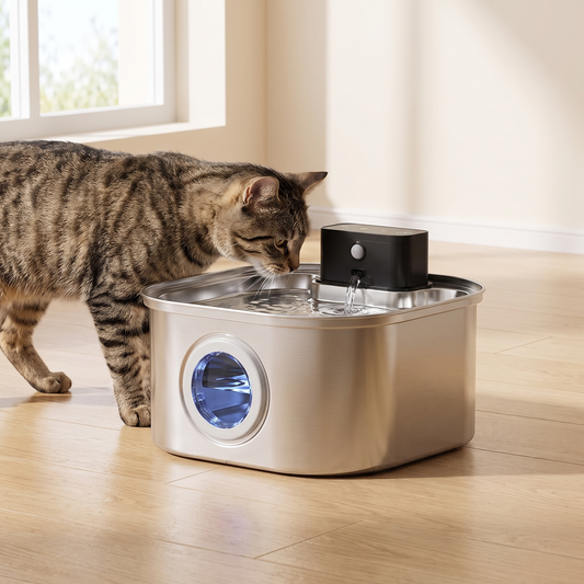 N2 Tabby cat drinking from the stainless steel cordless cat fountain on the floor