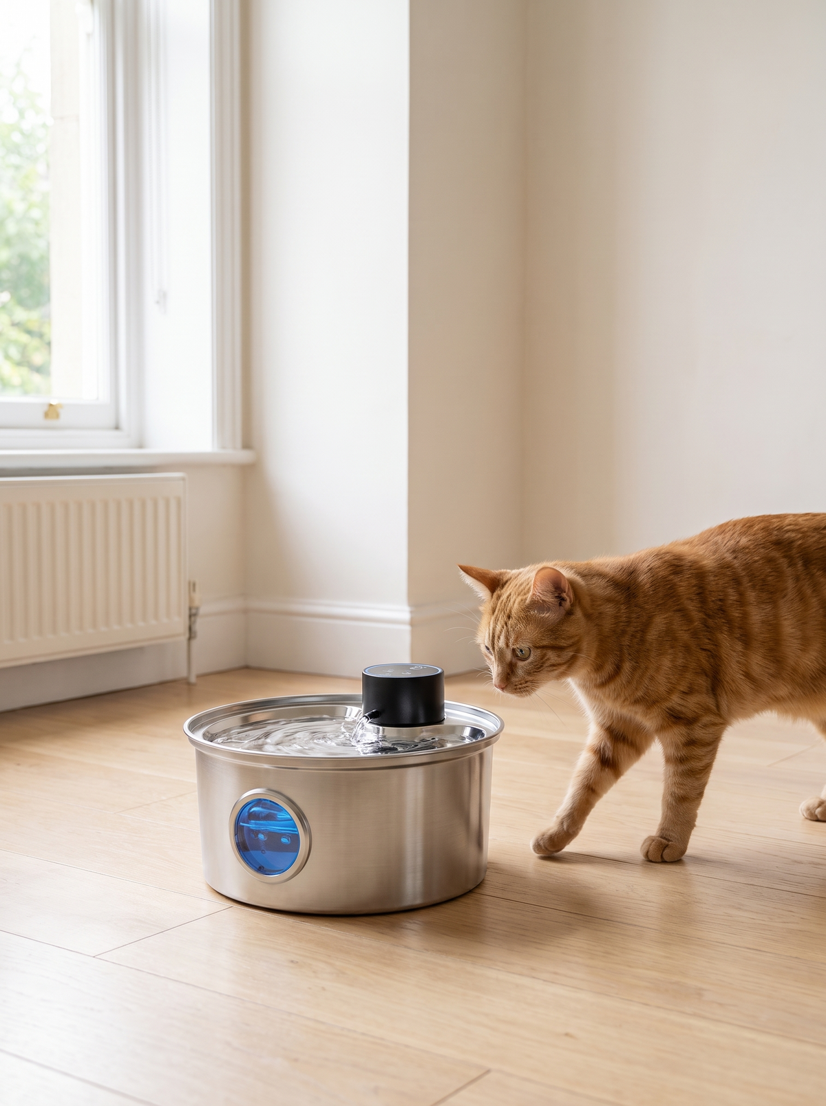 K07B Round stainless steel cordless cat fountain on the floor with a cat approaching
