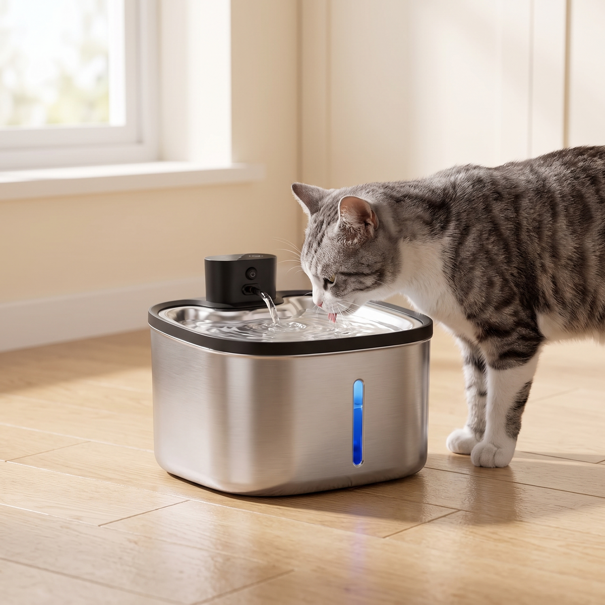 N2 Grey and white cat drinking from the 3.5L cordless cat fountain on the floor
