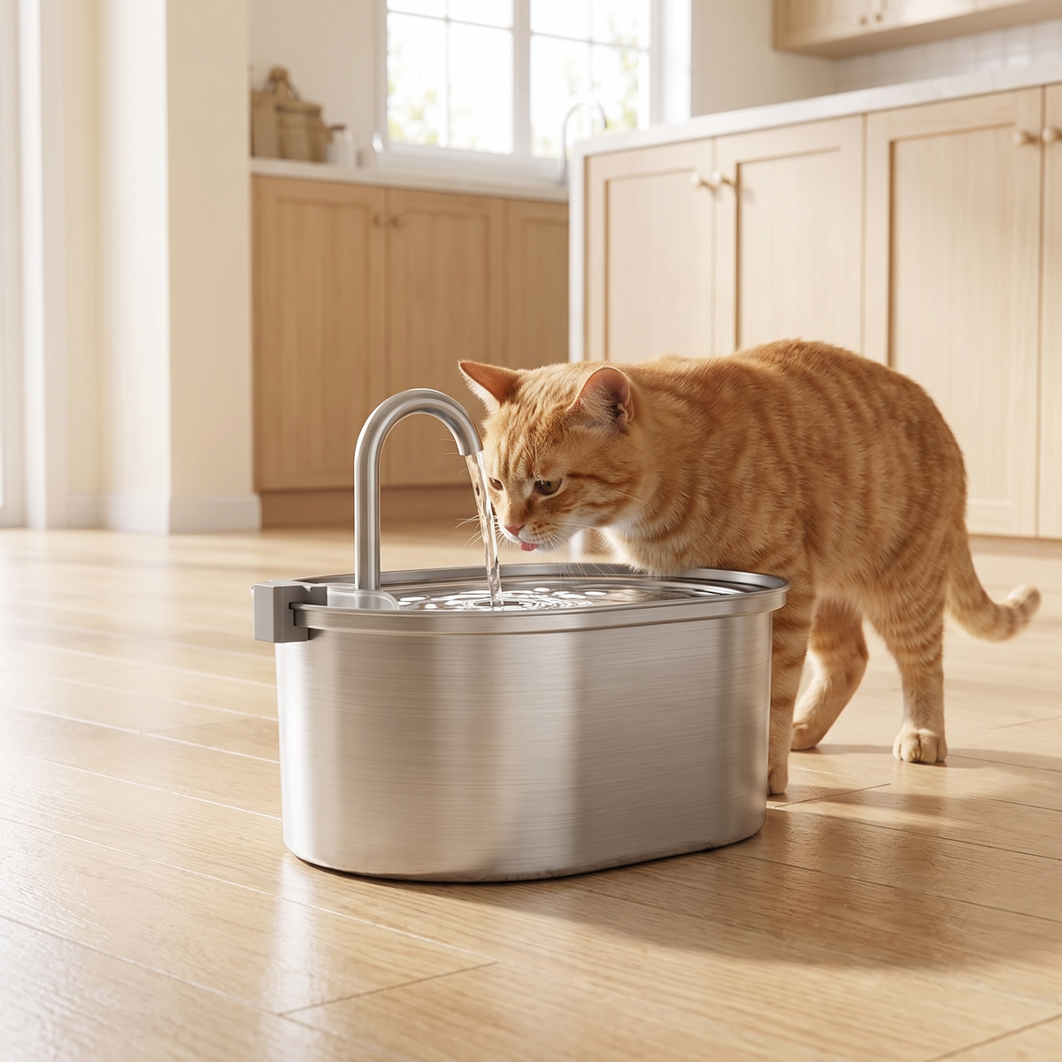 N2 Ginger cat drinking from the stainless steel pet fountain on the kitchen floor