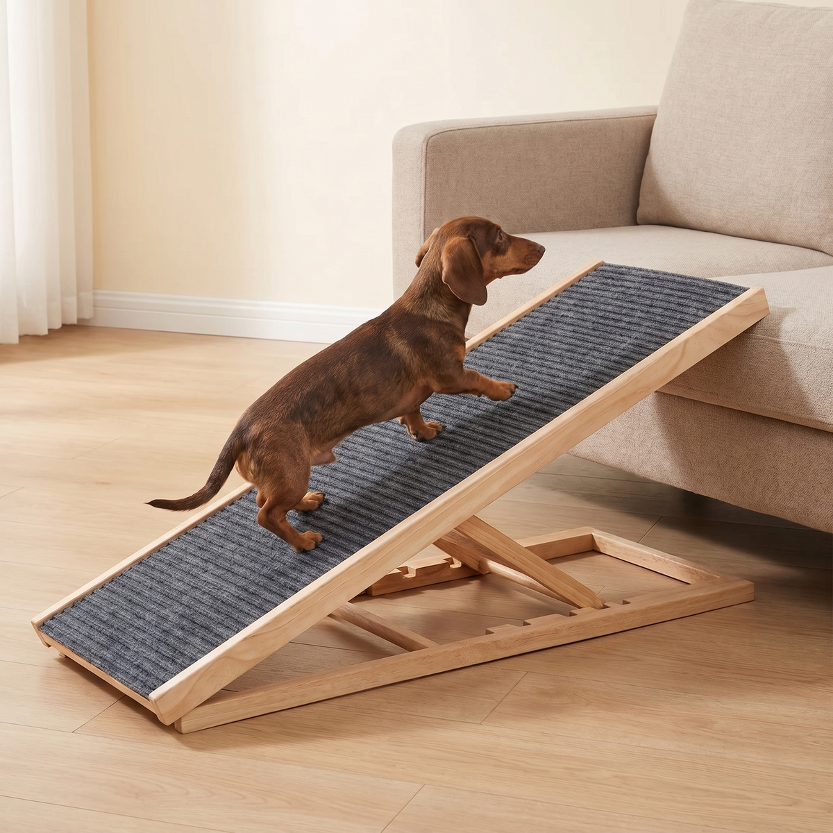 N2 Dachshund walking up the wooden dog ramp onto a cream sofa
