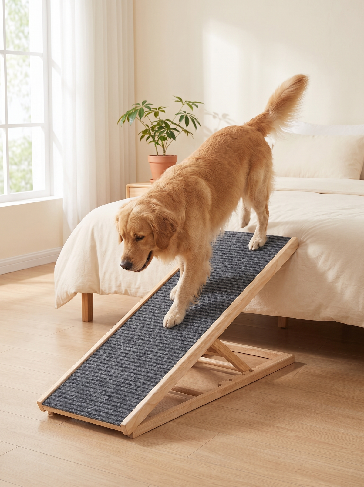 K16A Golden retriever walking down the wooden dog ramp from a bed