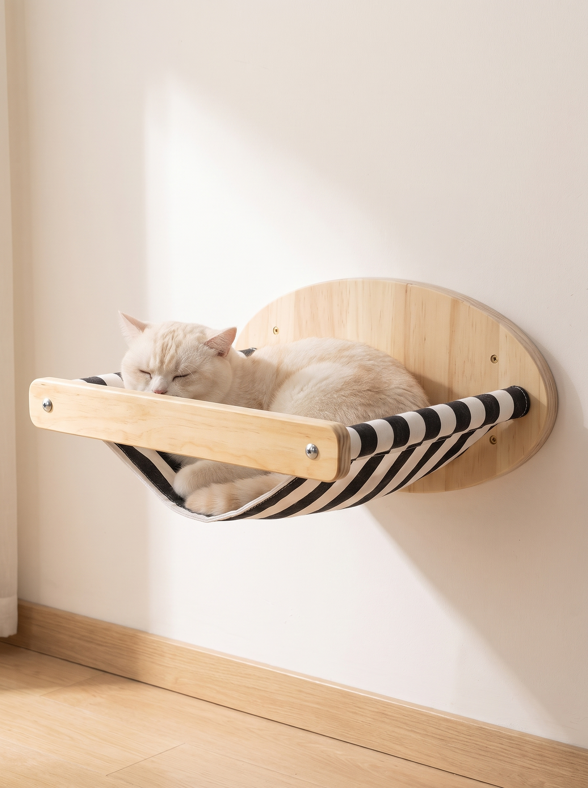 S1 Cream cat asleep in the striped cotton sling of the pine cat wall hammock